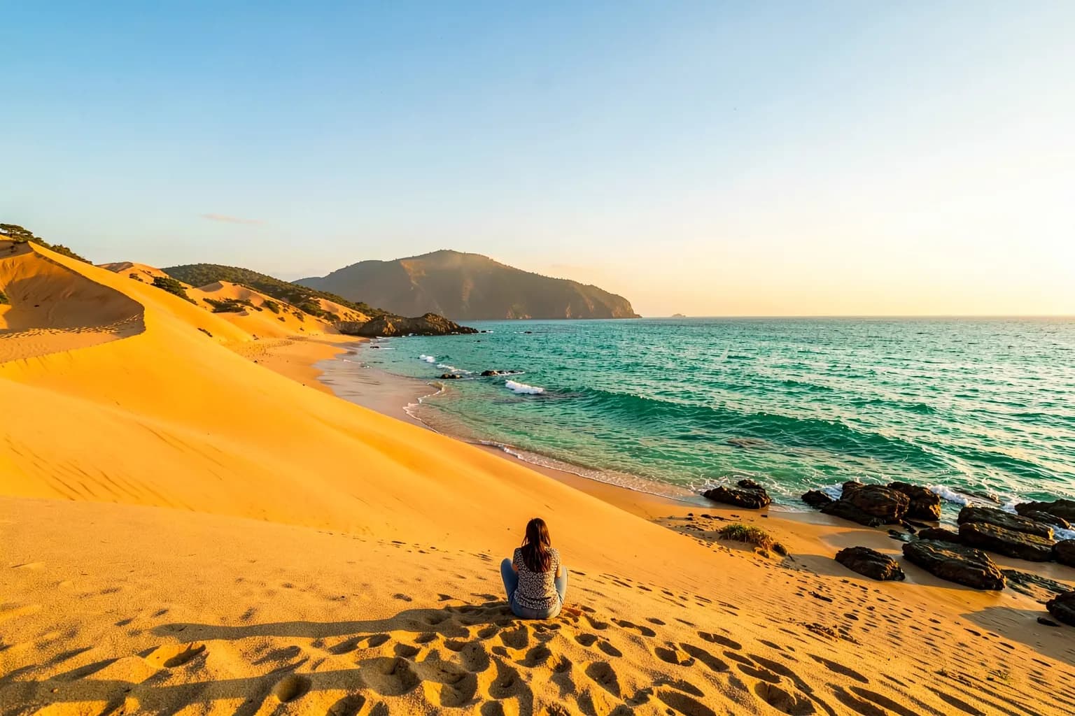 Dunas douradas e mar turquesa em Jericoacoara ao pôr do sol com uma pessoa sentada apreciando a vista