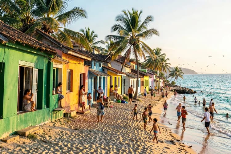 Vila de pescadores com casas coloridas e coqueiros em Jericoacoara.
