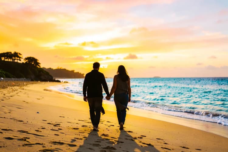 Casal caminhando de mãos dadas em uma praia de areia clara em Jericoacoara ao pôr do sol.