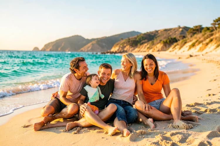 Família sorrindo e aproveitando um dia ensolarado na praia de Jericoacoara.