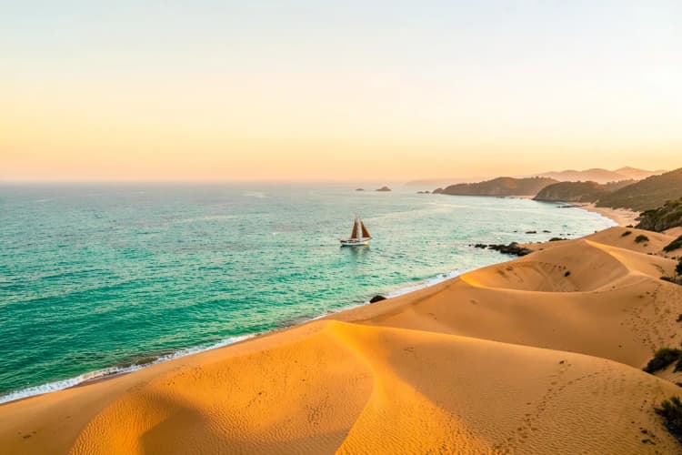 Vista aérea de uma praia com dunas e mar azul-turquesa em Jericoacoara, com um pequeno barco à vela.