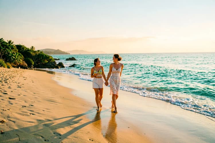 Casal caminhando de mãos dadas em uma praia de areia clara em Jericoacoara ao pôr do sol.